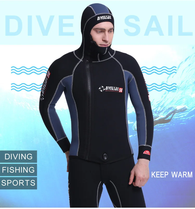 DIVE& SAIL, двойной, теплый, профессиональный, 5 мм, 2 части, неопрен, для подводного плавания, гидрокостюм с капюшоном для подводной охоты, мокрого костюма для мужчин, экипируйте мужчин t I