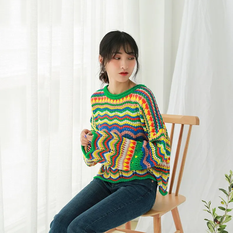 2018 Korean New Autumn Winter Sweaters Woman Vintage Hit Color Stripe Loose Pullover Sweater Female Casual Jumpers | Женская одежда