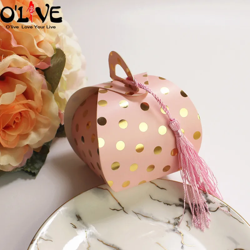 Pink With Tassel 50 шт., подарочная коробка в горошек, маленький мешок для печенья, конфет, упаковки для свадебной вечеринки, подарочные бумажные коробки, картонные бонбоньерки, сумки для сладостей - Цвет: Pink With Tassel