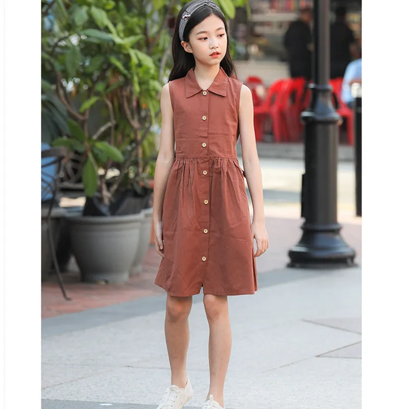 6 to 10 years kids girls summer solid brown white button front cotton casual shirt dress children sashes flare | Детская одежда и