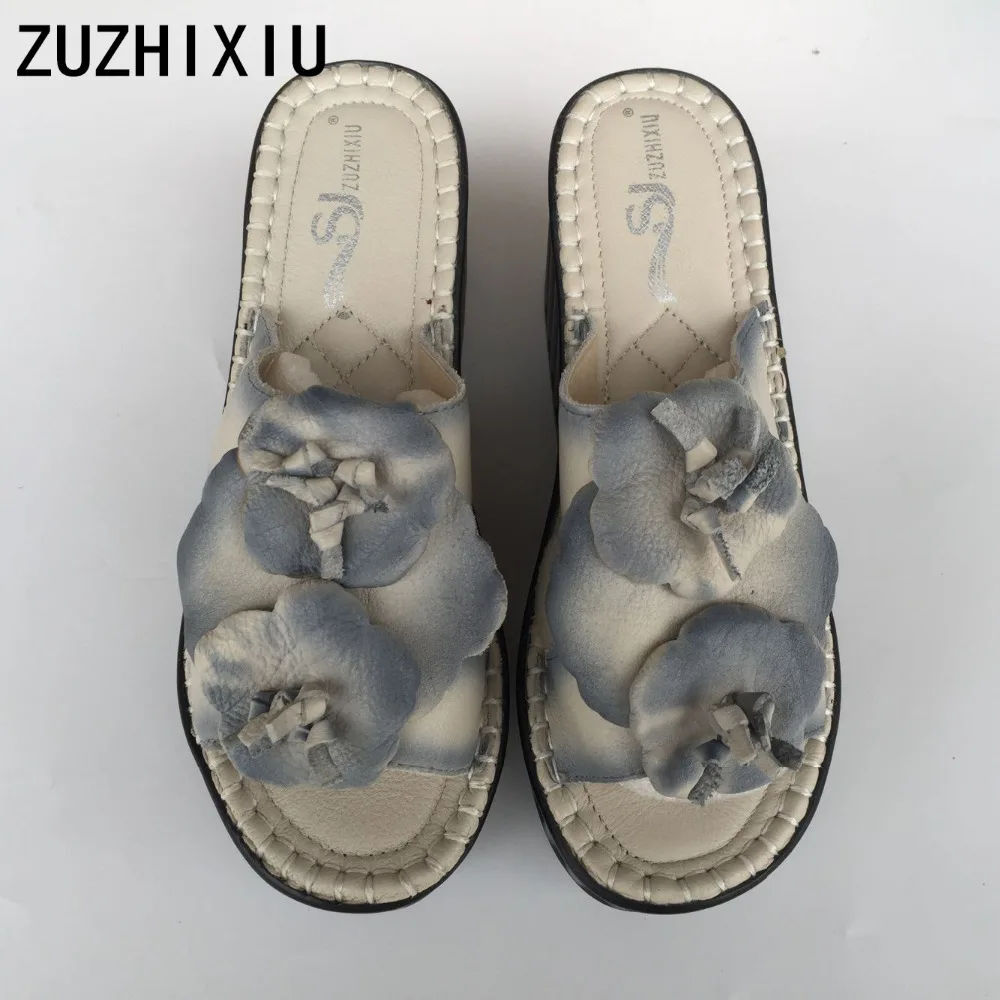 ZUZHIXIU-New 2018 Spring/Summer Genuine leather ethnic style sandals Women high slope muffin thick soles slippers 3colors | Обувь