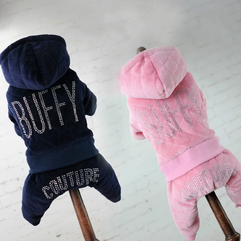

Small dog clothes winter Pet cotton jacket Plus velvet hot-fix rhinestone Four legs pants winter dog clothing coat costume