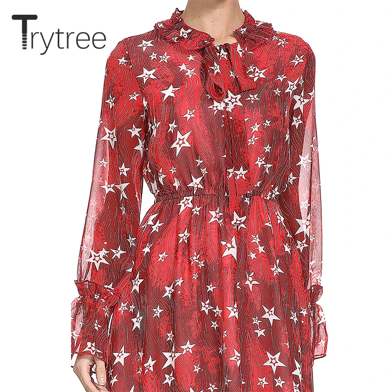 Trytree лето осень платье повседневное полиэстер принт звезда женские платья Бант