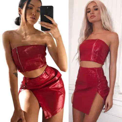 2018 Для женщин 2 шт. Bodycon двух частей Crop Top And Skirt Set Узелок Красный на молнии