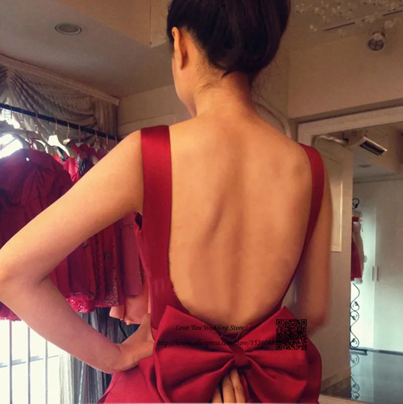 Burgundy Evening Dresses 2016 Short Prom Dress Backless Bow Satin Tea Length Imported Party Square Vestido de Festa Curto | Свадьбы и