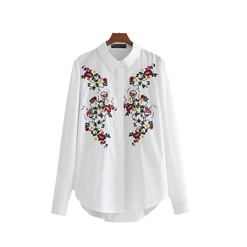 Women White Shirt Embroidery Blouse Long Sleeve Turn-down Collar Tops Chemise femme | Женская одежда