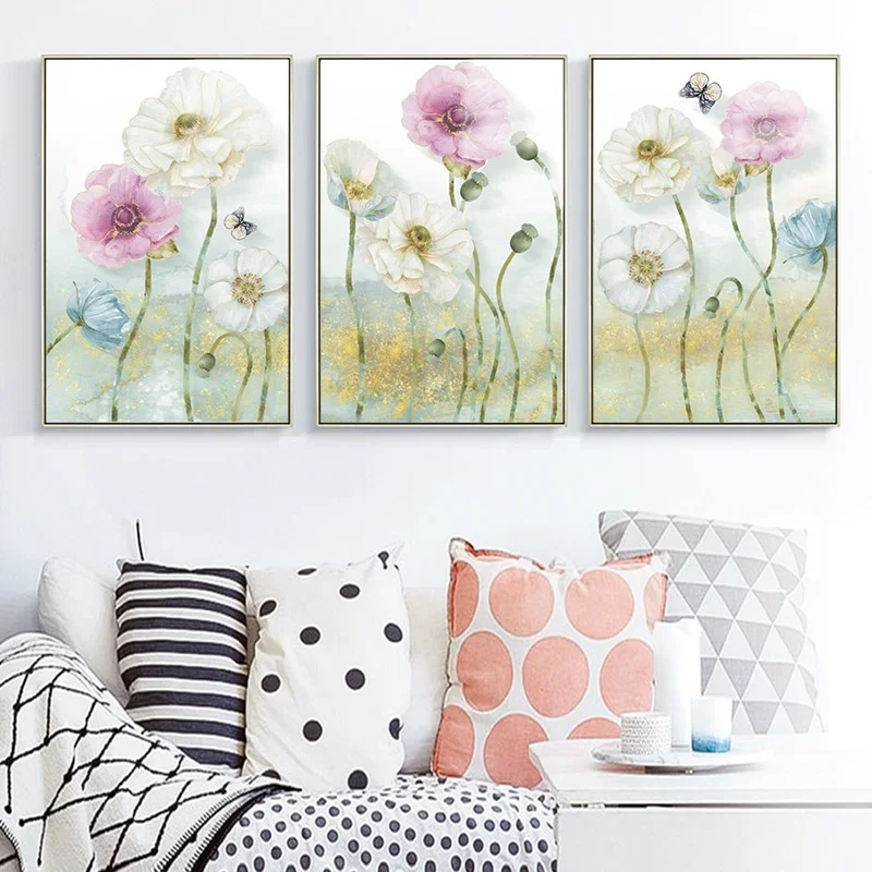 Скандинавские плакаты и принты белый розовый синий Маковый цветок Картина на