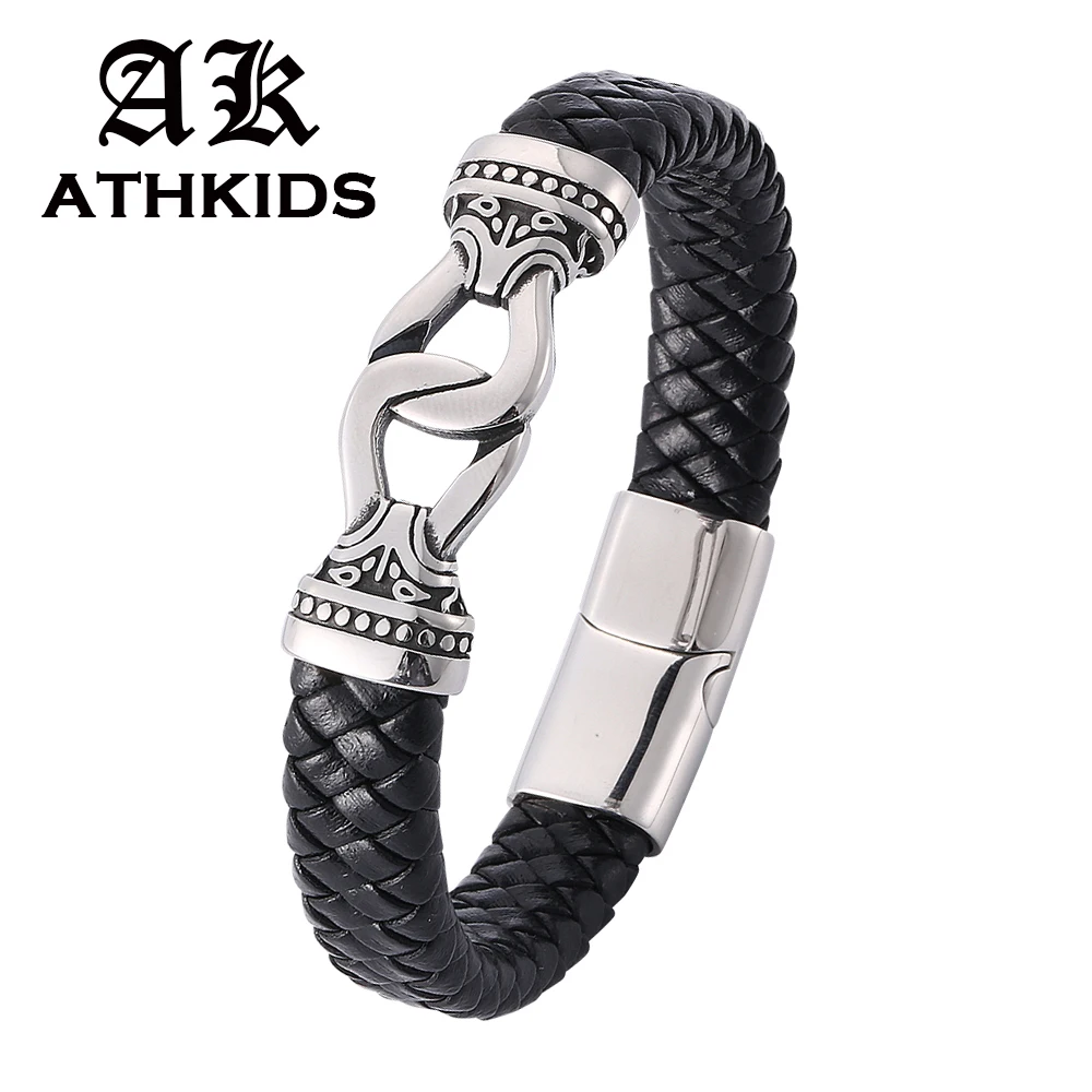 

Men Bracelet Braided Leather Bracelet Stainless Steel Buckle Vintage Bangles Rock Fashion design Jewelry Male Wrist Band PW806