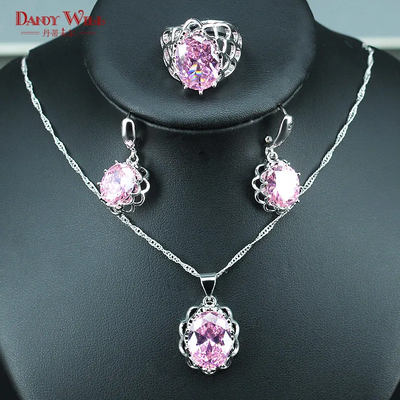 Hot Sale Pink Bridal Jewelry Sets For Women Gift 925 Silver Color Necklace/Earrings/Pendants/Bracelet/Ring Free Shipping | Украшения и