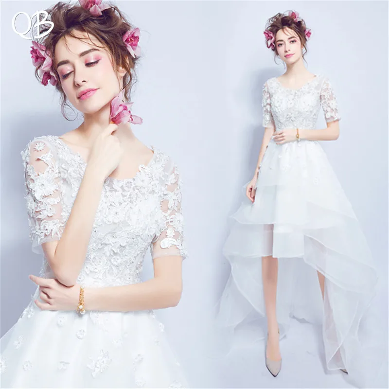 

High Low Half Sleeve Tulle Lace Flowers Pearls Sexy Formal Wedding Dress 2020 New Fashion Bridal Dresses Wedding Gowns WE29