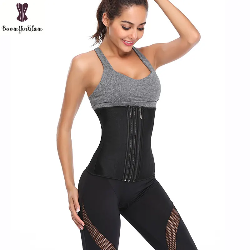 Латексный корсет на молнии для талии женский спортивный однотонный черный