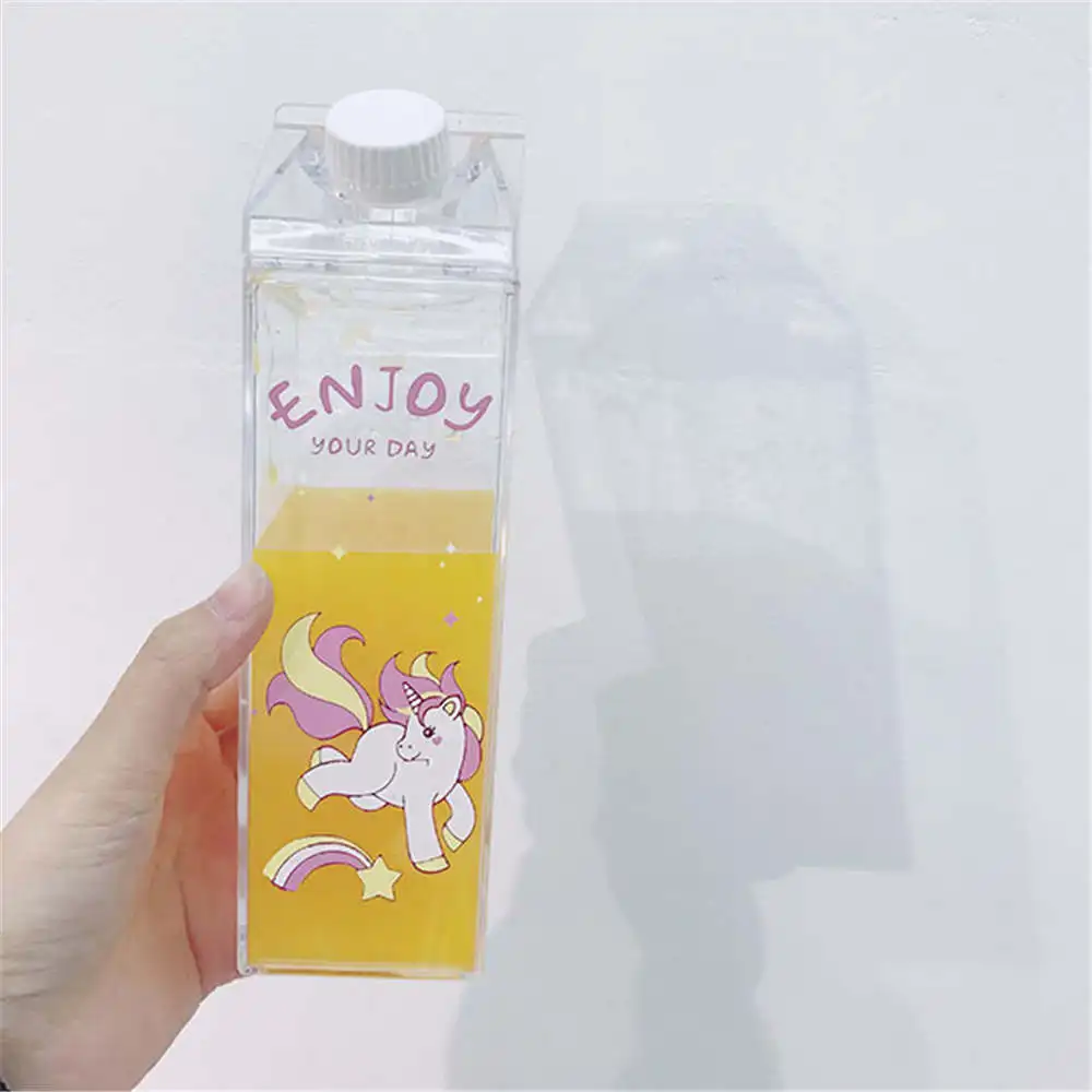 Ins Cute Pink Leopard Water Bottles Creative Milk-box Shape Bottle Transparent Portable Cartoon Unicorn Plastic Milk | Дом и сад