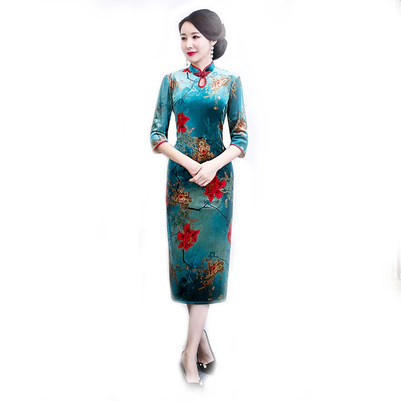 Китайский национальный Мандарин Воротник Cheongsam винтаж бархат дамы вечернее платье Элегантная одежда для сцены Qipao 3XL 4XL