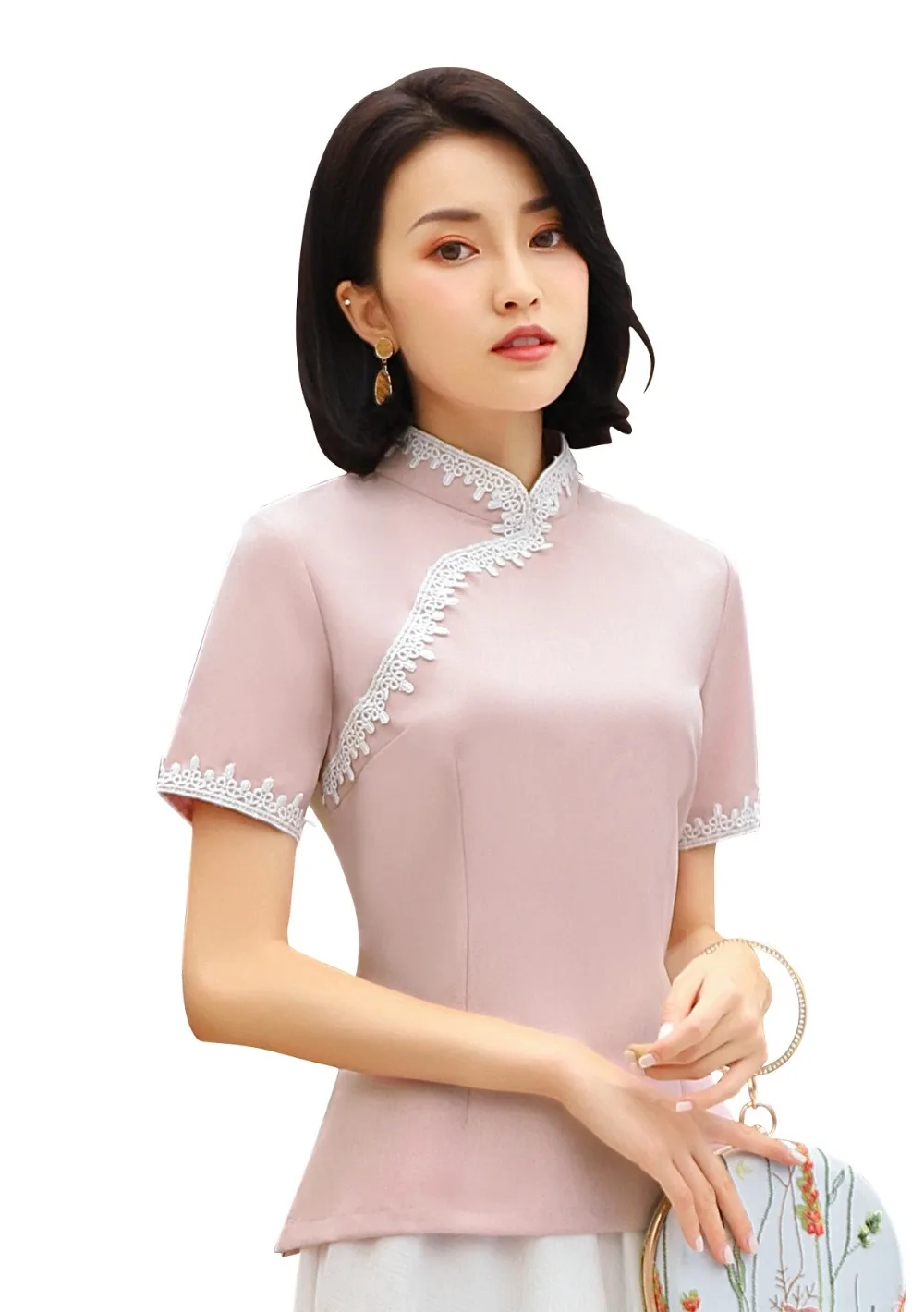 Шанхай история короткий рукав искусственный шелк cheongsam топ решетка Традиционный