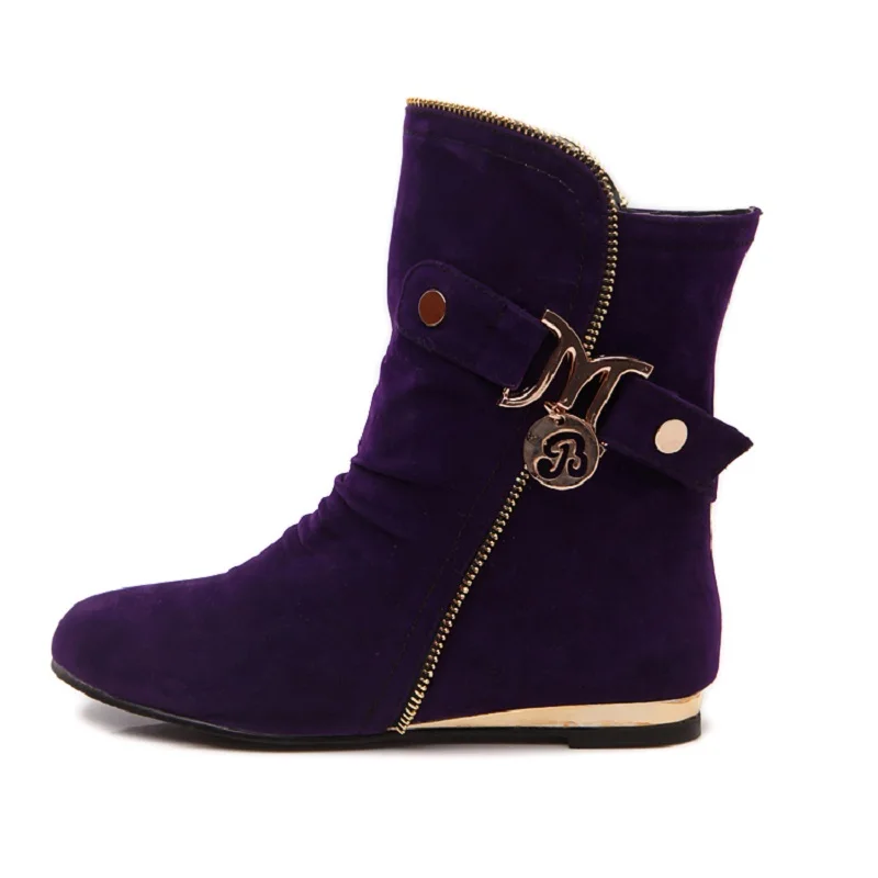 Женские полусапожки из флока демисезонные до середины икры на плоской подошве с