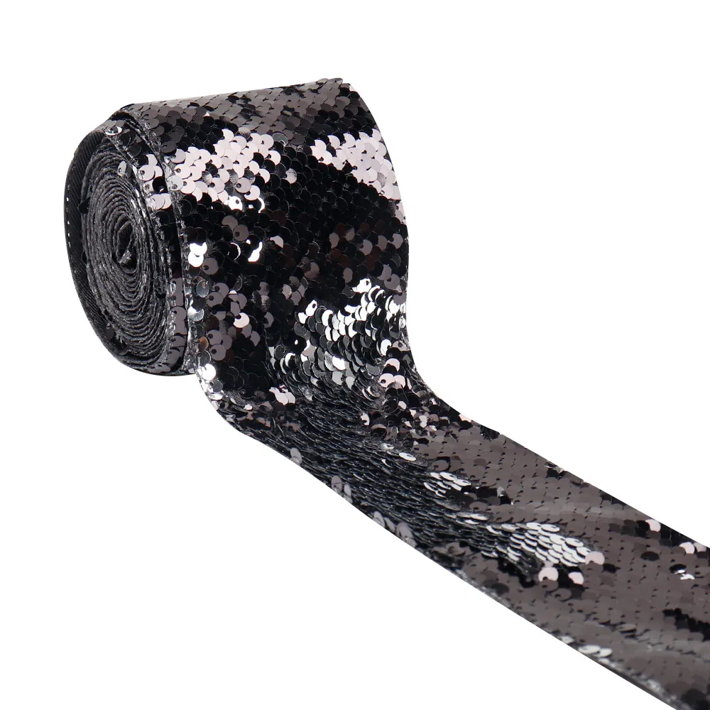 black and silver 2Y/Лот, 3 дюйма, 75 мм, цветная Двусторонняя лента с блестками, аксессуары для волос DIY, украшения для свадебной вечеринки, материалы для праздничных украшений - Цвет: black and silver