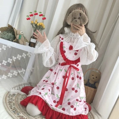 Cherry Японское Kawaii милое платье принцессы Лолиты без рукавов с высокой талией милое клубничное Вишневое платье с принтом летнее платье Mori на девочку - Цвет: Cherry