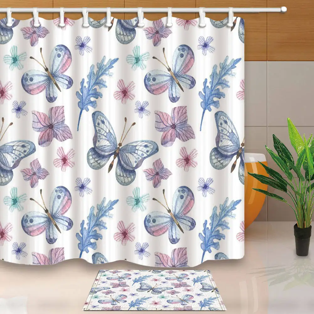 

Butterfly Shower Curtains Lavender Watercolor Painting Bath Screens Creative Design Waterproof and Mildew Proof With 12 Hooks