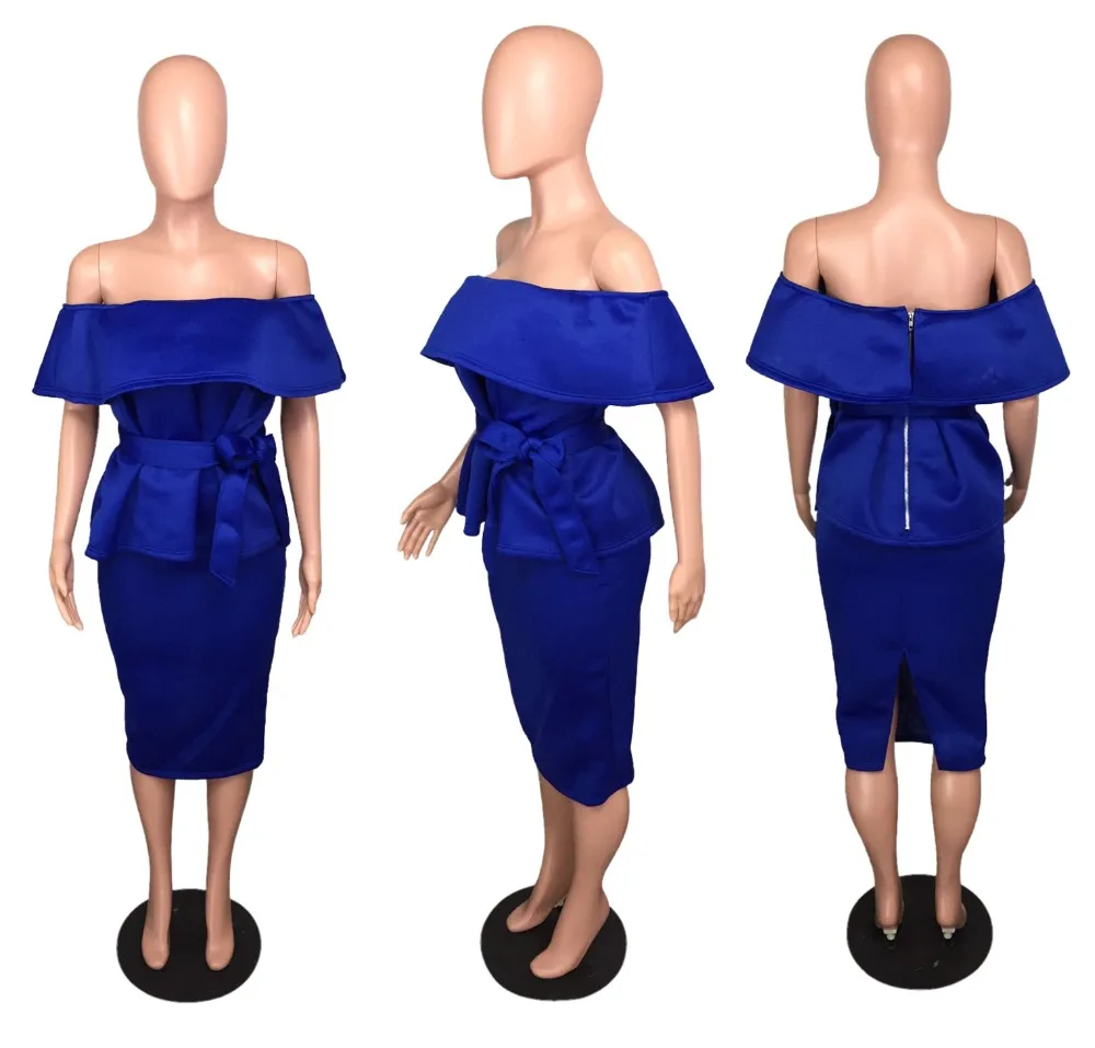 

Hot Sale Solid Off Shoulder Short Sleeve Tops With Belt Women Mini Solid Bodycon Dress Suits