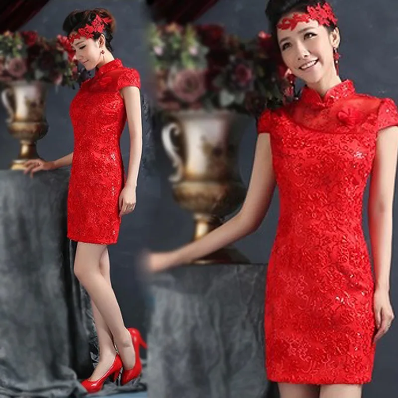 Красное Кружевное платье Cheongsam Qipao платье в традиционном китайском стиле платья невесты свадебные Qi Pao китайский халат Vestidos Orientales