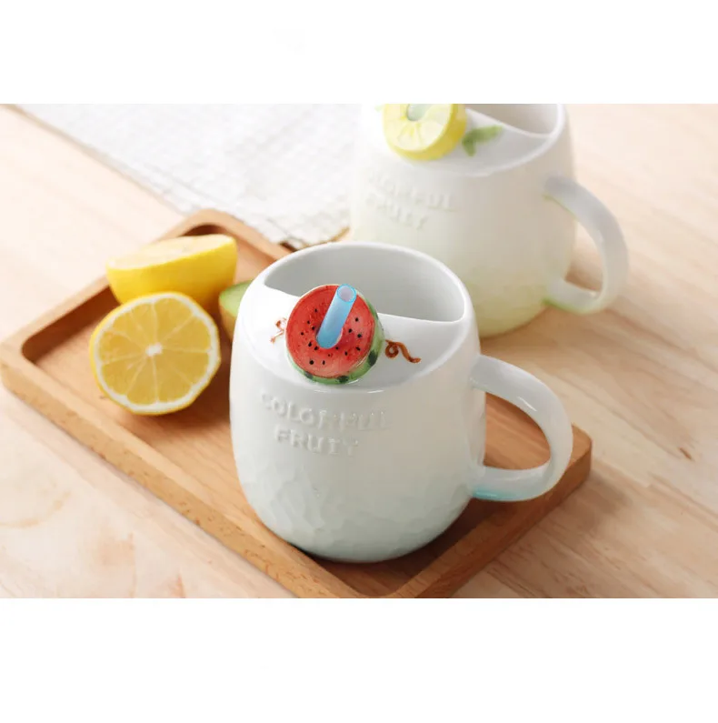 

1PC 3D Embossed Personality Ceramic Mug Straw Fruit Cup Coffee Cup Milk Cup Creative Office Cup NQ 012