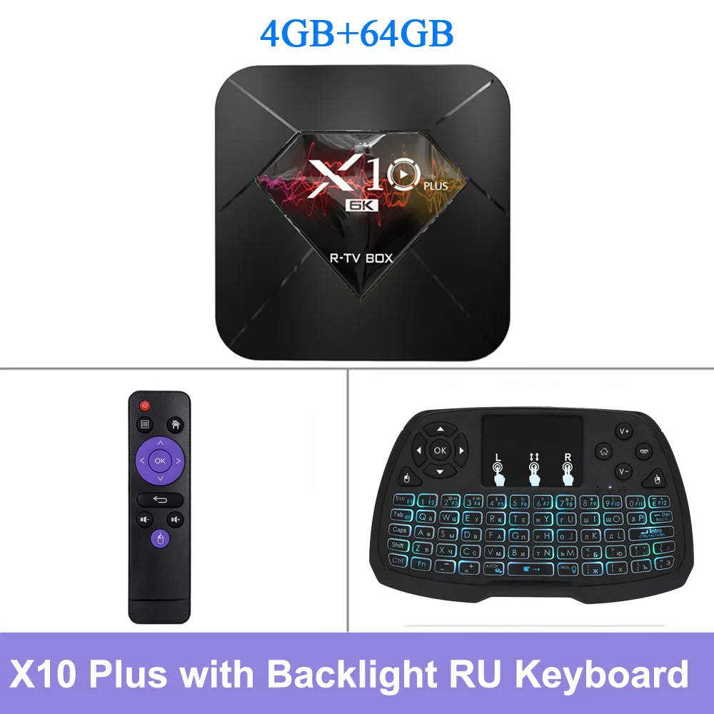 64Backlit RUkeyboard R-TV BOX Smart TV Box X10 PLUS Android 9.0 Allwinner H6 4K Media Player 4GB RAM 32GB ROM 2.4G WiFi USB3.0 H.265 VP9 Set Top Box - Color: 64Backlit RUkeyboard