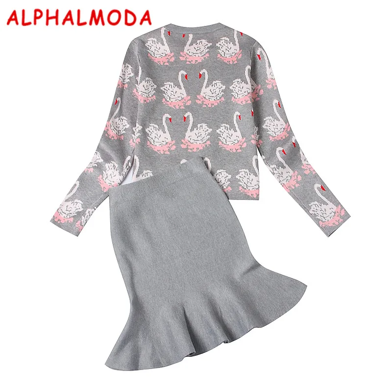 Женский вязаный костюм ALPHALMODA свитер и юбка с узором комплект из 2 предметов