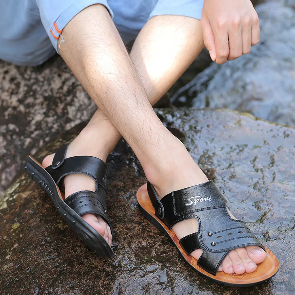 

SAGACE flat sandals Men Leather Classic Roman Outdoor Beach Slipper shoes men Summer Casual non-slip Sandals plus size 39-46 #4z