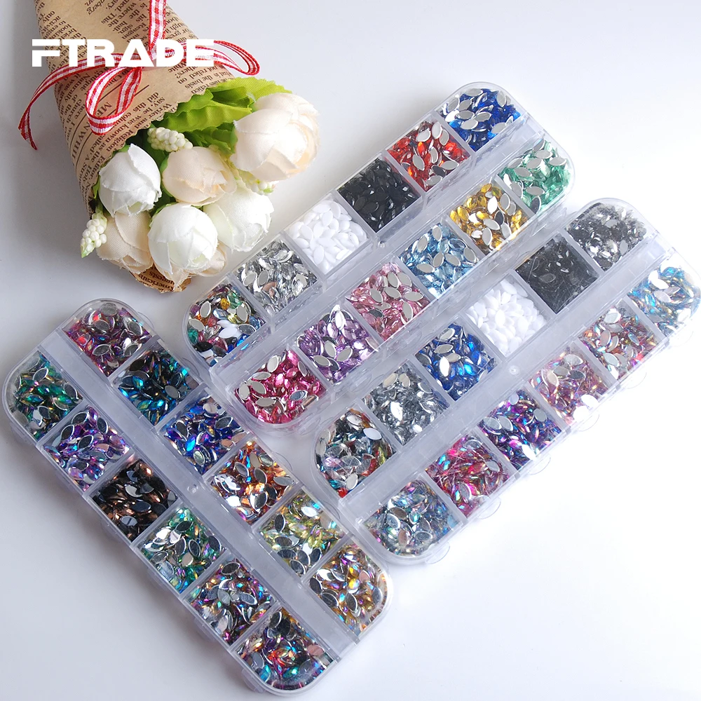 3x6mm Acrylic Horse Eye Marquise Glitter Nail Art Rhinestones 12 Color/Box About 1700pcs For Nails DIY Decorations Wedding Dress | Дом и сад