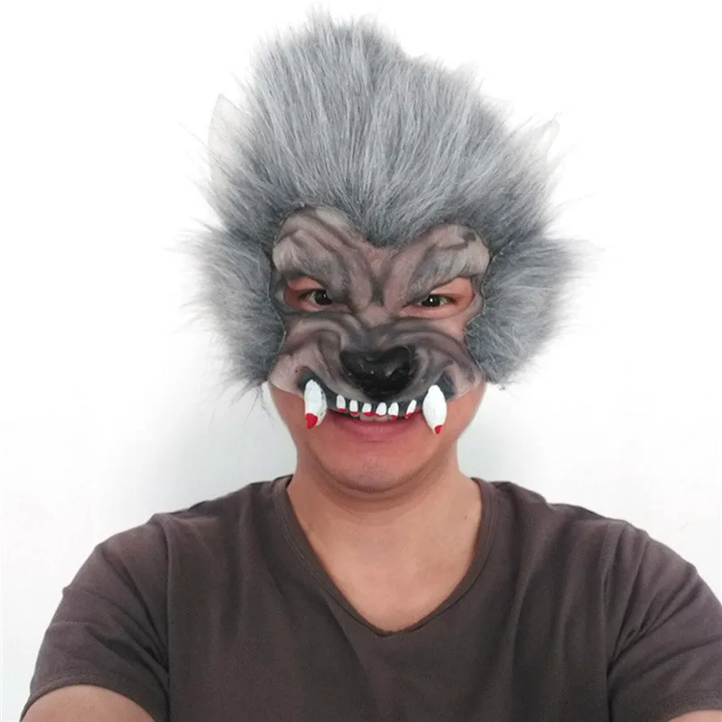 Латекс смешной жуткий пугающий животное Хэллоуин волк маска с волосами косплей