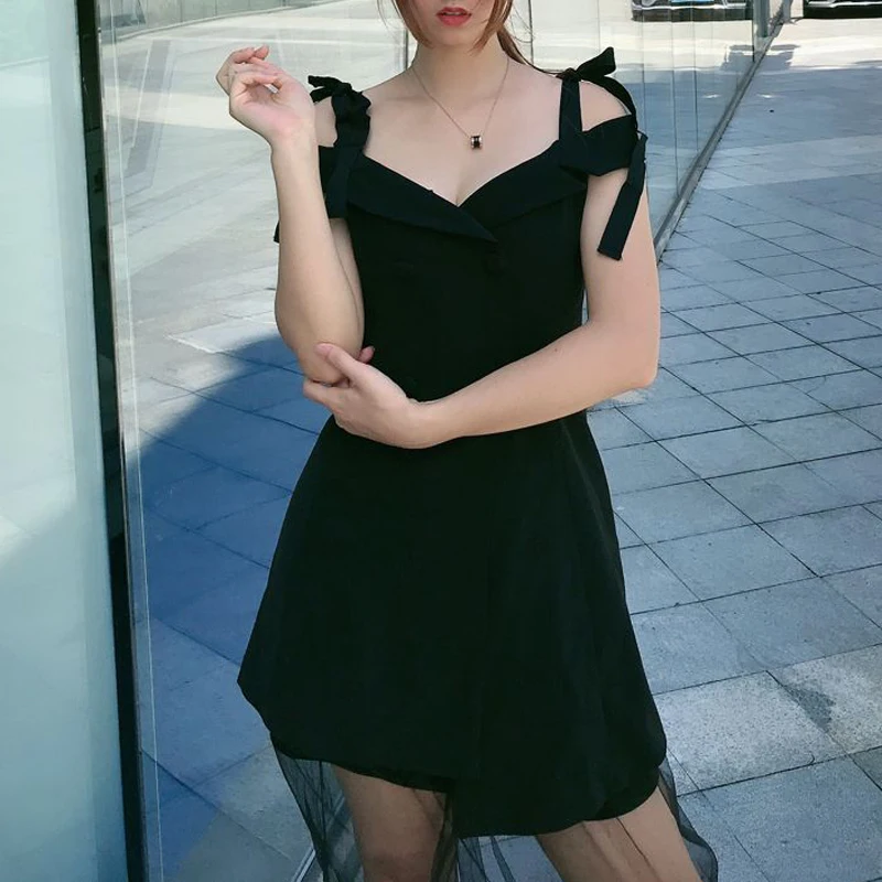 INDRESSME 2019 Новое Сетчатое платье на шнуровке с пуговицами и открытыми плечами