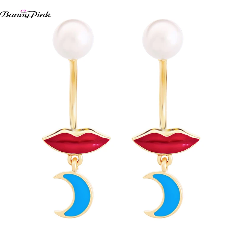 Banny Pink Cute Red Lip Blue Crescent Moon Pendant Earrings For Women Chunky Statement Dangle Free Wear Drop | Украшения и