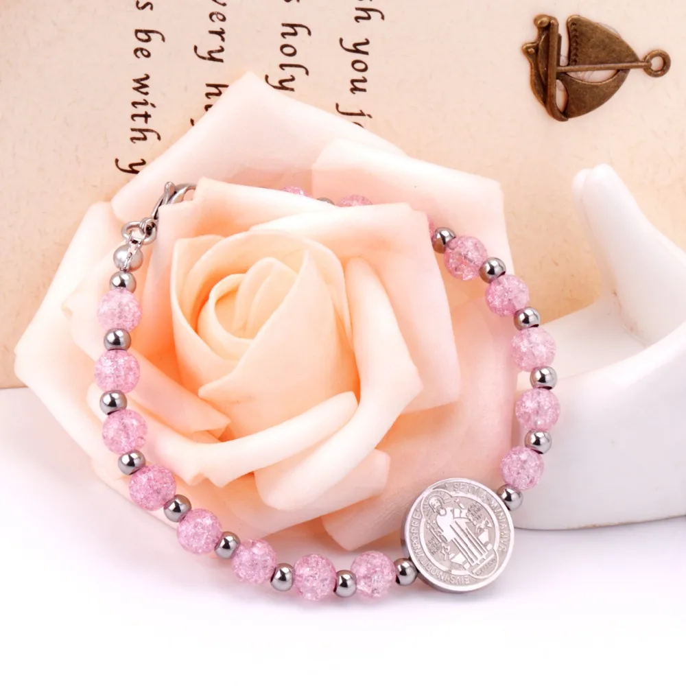 LUXUSTEEL baby bangle bracelet Pink Crystal Beaded Bracelets Stainless Steel Round Jesu Pendants Women Accessories Party | Украшения и