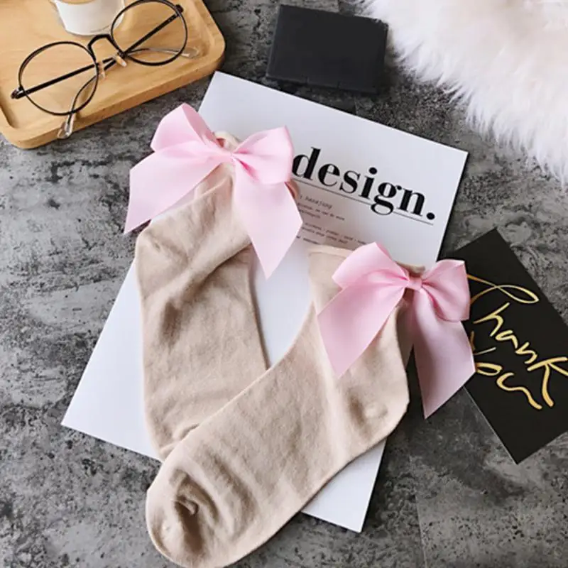 Beige Pink Bowtie Женские рождественские хлопковые носки с большим бантом; однотонные женские короткие милые носки; calcetines mujer; женские рождественские носки; x27s - Цвет: Beige Pink Bowtie