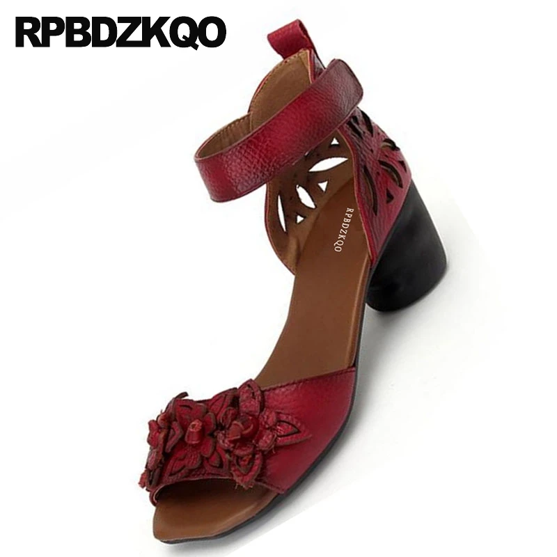 красный женщина сандалии 2018 лето цветок приукрашенный толстый насосы высокий