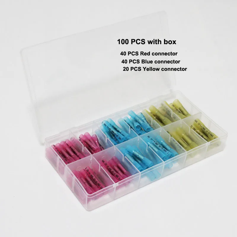 100 PCS with box 200/100 шт изолированные термоусадочные стыковые клеммы электрические соединительные провода водонепроницаемый кабель обжимные клеммы Разъемы AWG 22-10 - Цвет: 100 PCS with box