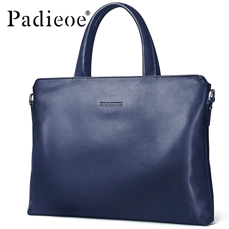 Padieoe New Designer Brand Genuine Cow Leather Men's Briefcase Fashion Solid Color Mens Shoulder Bag Business Laptop Bag