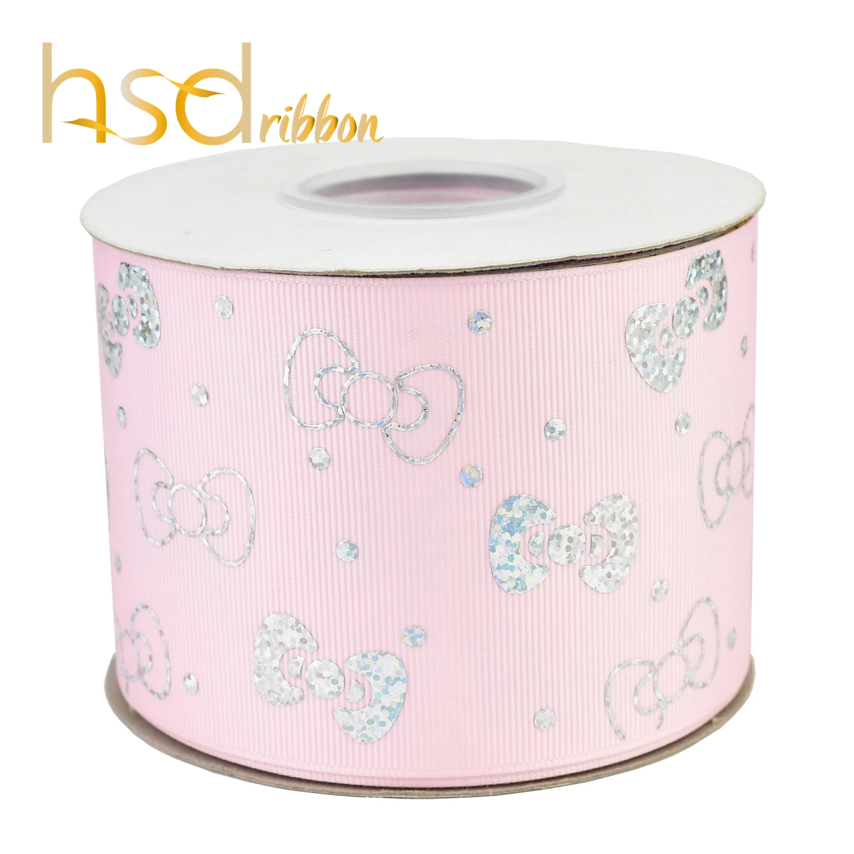 HSDRibbon 75mm 3 inch Laser Silver foil pattern on White and Pink Grosgrain Ribbon | Дом и сад