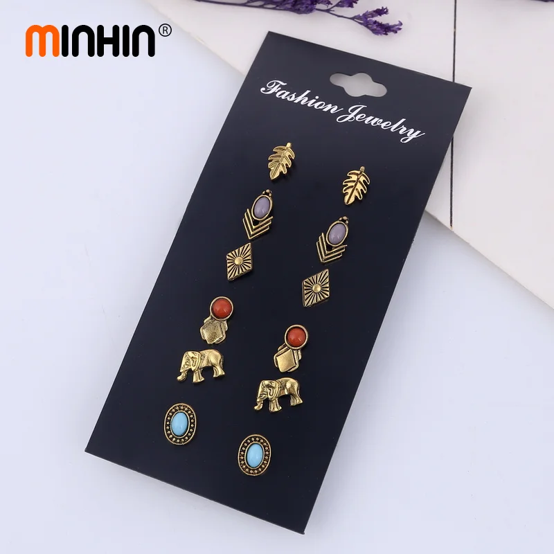 Серьги гвоздики MINHIN 6 парт/компл. золотые серьги в стиле ретро со слоном