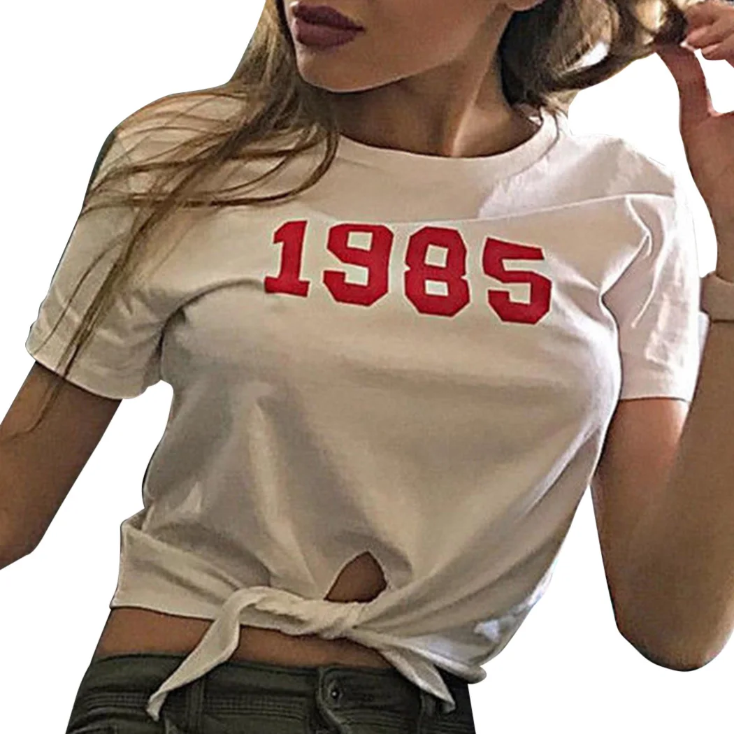Пикантные Up Crop Top Для женщин Летняя футболка модные с принтом букв короткий рукав
