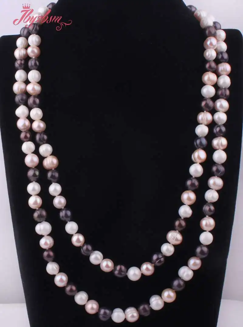 

9-10mm Natural Nearround Multicolor Freshwater Pearl Gem Stone Beads Handwork For Christmas Gift Necklace 40" Not Button