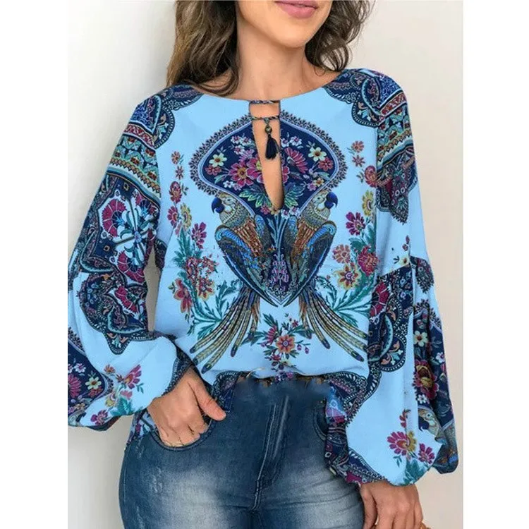 2019 Autumn Women O-Neck Floral Shirt Print Casual Lace-Up Loose Blouse Ladies Lantern Sleeve Boho Tops | Женская одежда