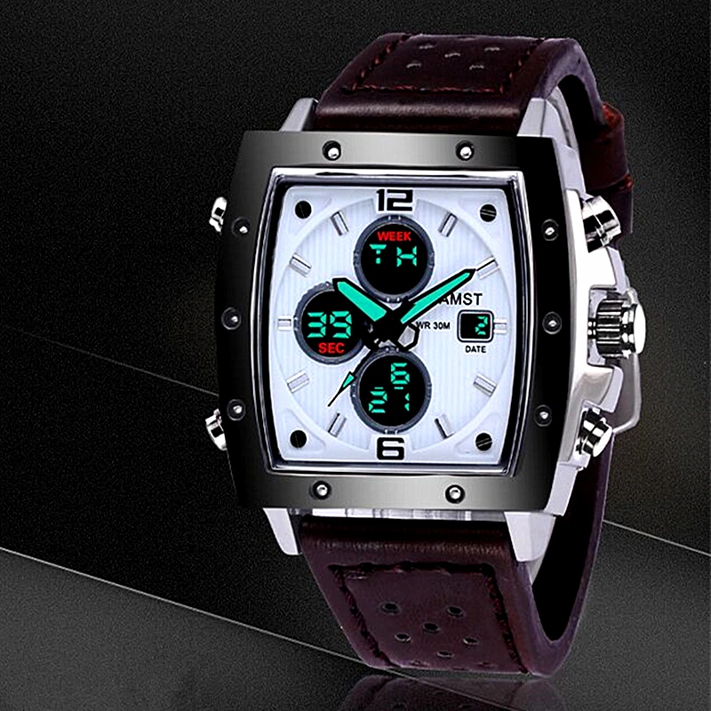 AMST Square dial Men Analog Digital Army Military Watch 5ATM Waterproof Clock Sport Wristwatch Quartz LED Mens Watches Relogio | Наручные