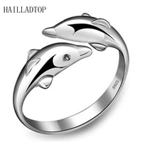 fashion cute double dolphin party rings open design resizable mirror surface silver plated rings adjustable animal rings