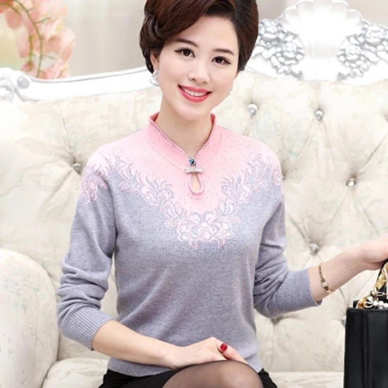 2018 осенне-зимний вязаный свитер с цветочной вышивкой пуловер для женщин среднего