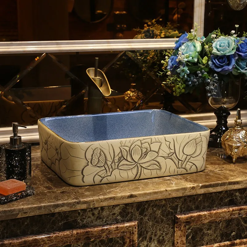 Rectangular Ceramic Washbasin on Lotus Art Platform Sculpted by Jing Shun. Household | Мебель