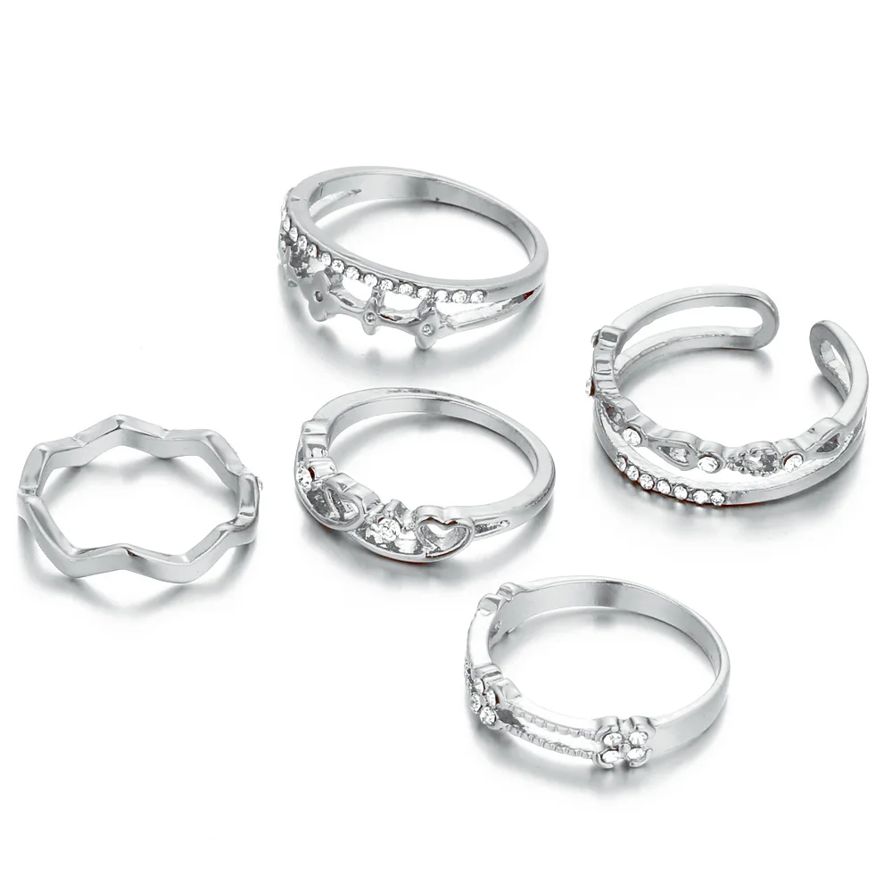 5 шт./компл. комплект позолоченных серебряных колец в форме сердца с кристаллами