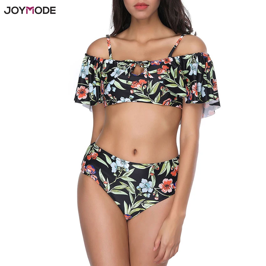 JOYMODE с открытыми плечами Купальник из двух частей с воланами Купальник для женщин с оборками пляжное бикини с высокой талией Mujer Cintura Alta Biquini