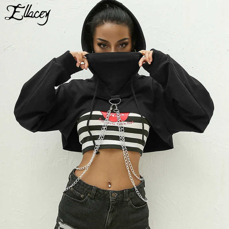 Gothic Black New Chain Sweatshirt Women Harajuku Hooded Pullovers Streetwear Sexy Crop Top Hip Hop Street Dance Short Hoody | Женская