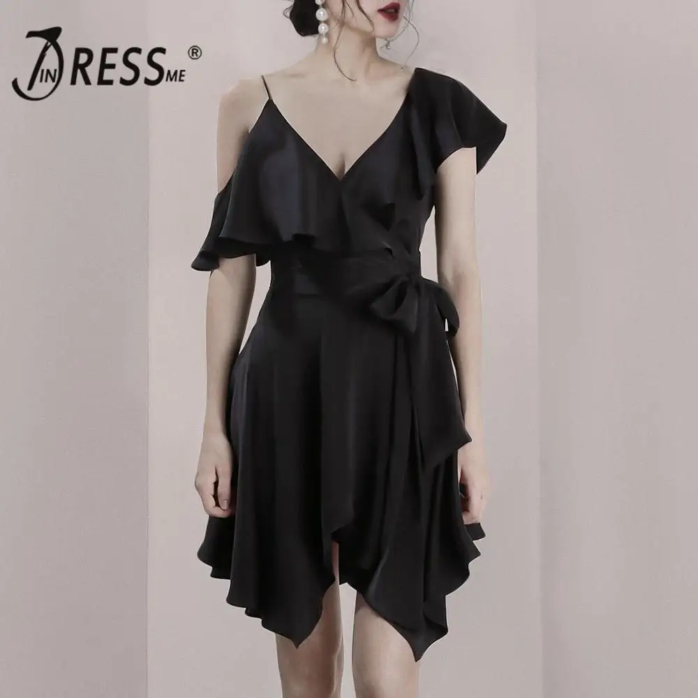 

INDRESSME 2019 New Fashion Off the Shoulder V Neckline Sashes Ruffle Women Party A- Line Midi Sexy Dress Wholesale Black